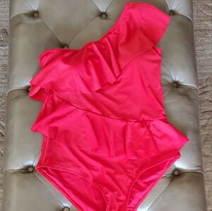 Womens Red Poppin One Shoulder Ruffled Bathing Suit Size XL